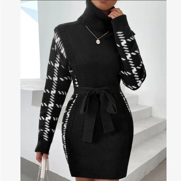Cozy Houndstooth Pattern Turtle Neck Belted Sweater Dress - Picture 5 of 7